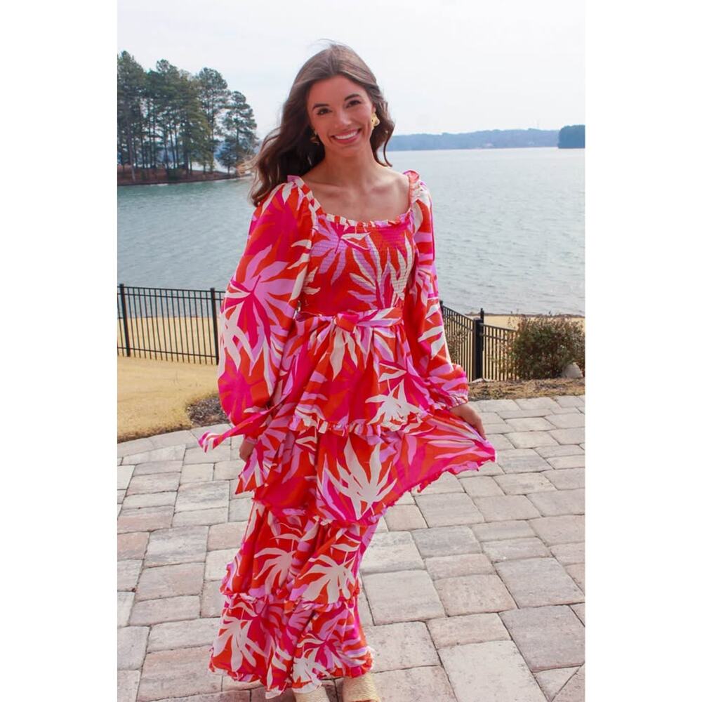 Peach Love Small Tropical Print Tiered Ruffle Smocked Long Sleeve Maxi Dress